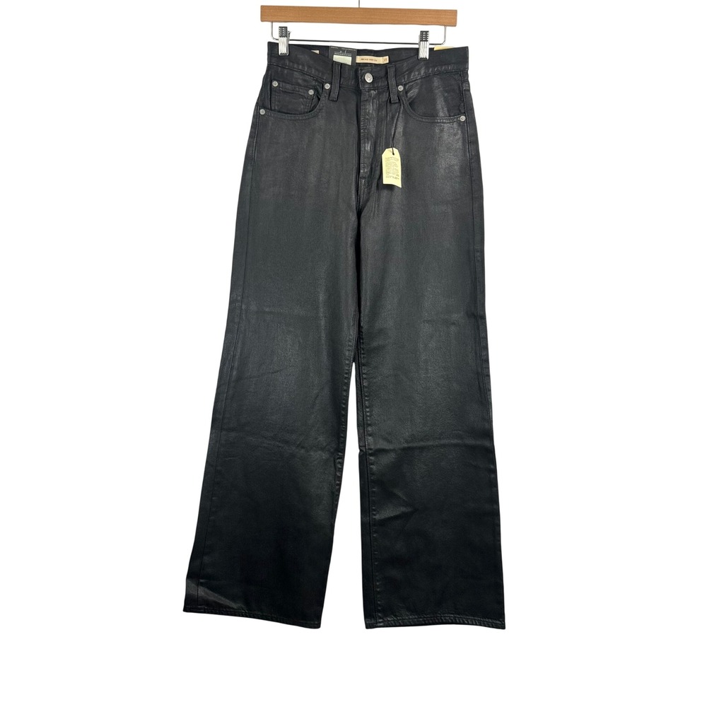 Levis Ribcage Wide Leg Jeans sz 27 Black Wax Coated High Rise Leather Look